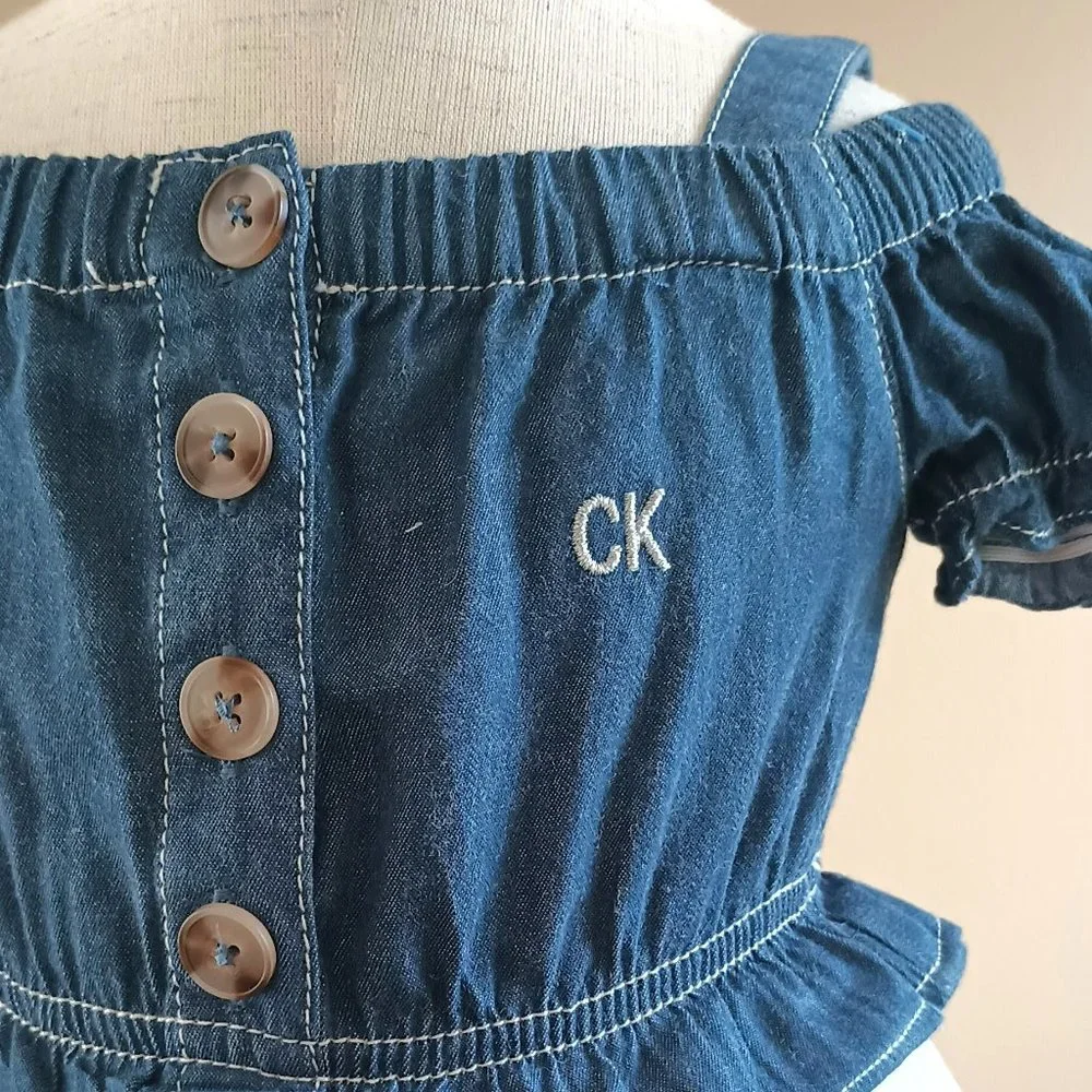 Calvin Klein Denim & Eyelet Peplum Dress 12M White Off Shoulder Peasant